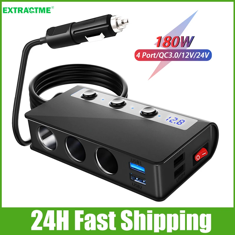 Extractme 180W 4 Port USB Charger Socket  Adapter Quick Charge 3.0 12V 24V Fast Car Charger Splitter Adapter Auto Interior Parts