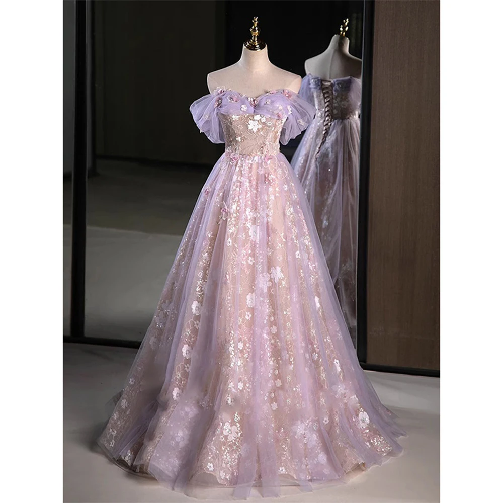 Light Luxury Pink Purple Evening Dress Women Sweet Pleated Off The Shoulder Flower Applique Prom Gown Sequins A-Line Vestido