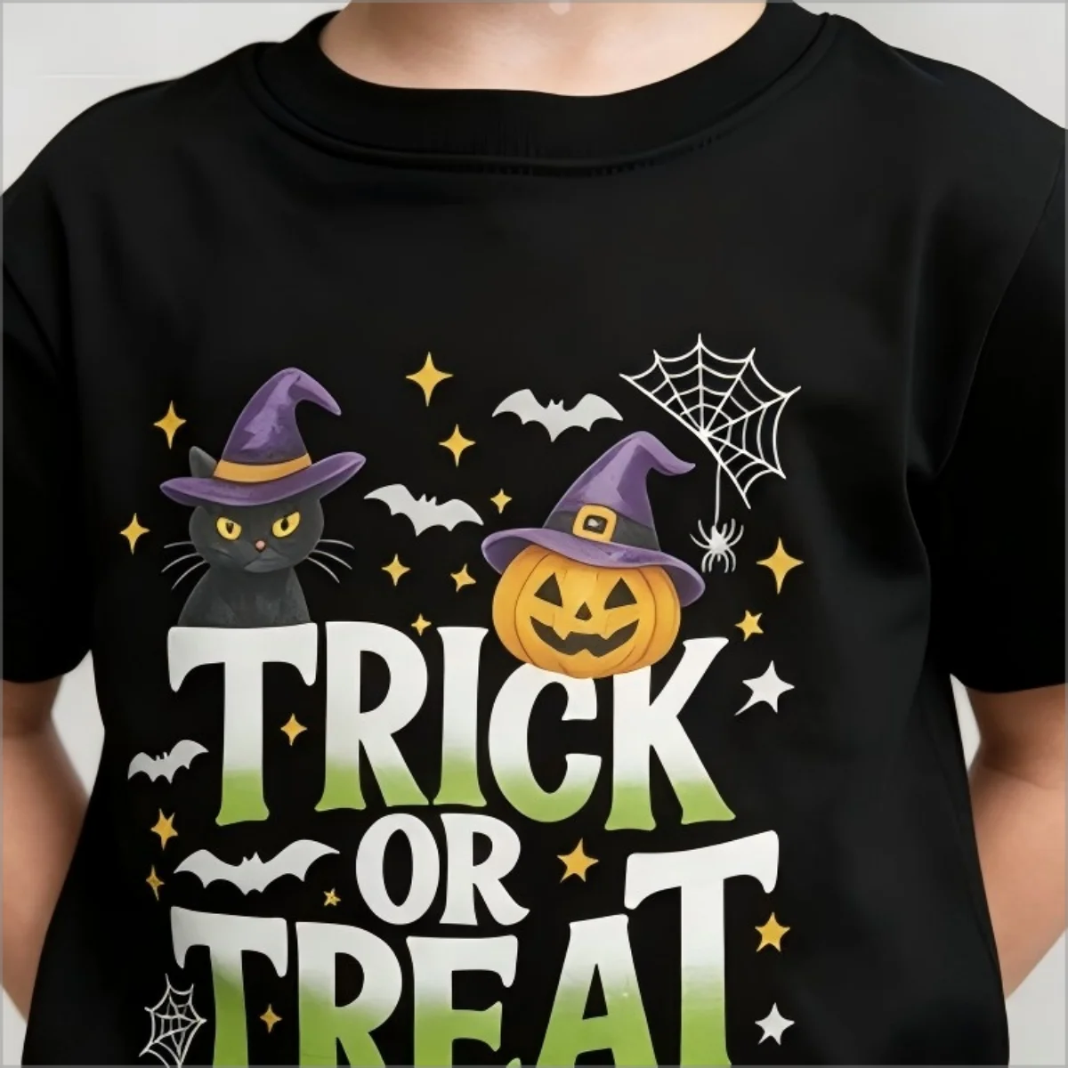 Trick Or Treat Kids T Shirt,  Witch Hat Graphic Tee, Bat Spider Web Print, Funny Halloween Party Casual Short Sleeve Top