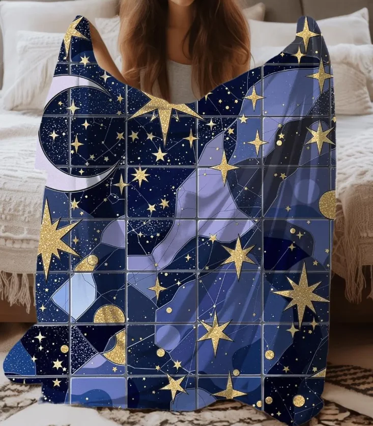 Decke mit Astrologie-Motiv, Sternzeichen, Mond und Sterne, lila Witchcore-Dekor, Gothic-Couchdecke, gemütliches Geschenk – Detail 7