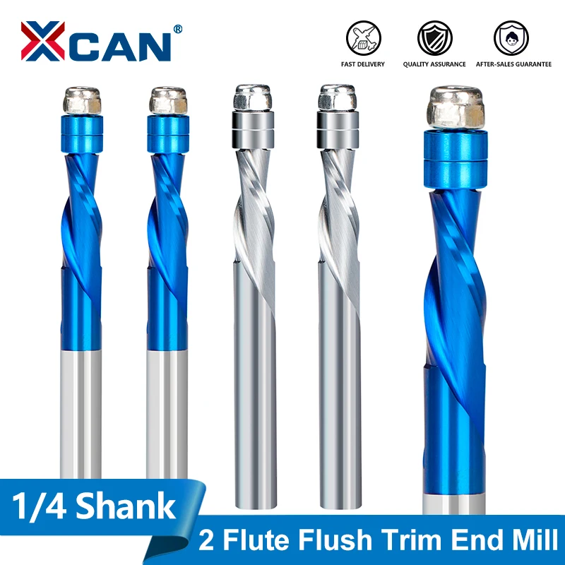 

XCAN фреза 1/4 хвостовика с подшипником, 2-зубая фреза для обрезки заподлицо, фреза для деревообрабатывающего инструмента, твердосплавная концевая фреза