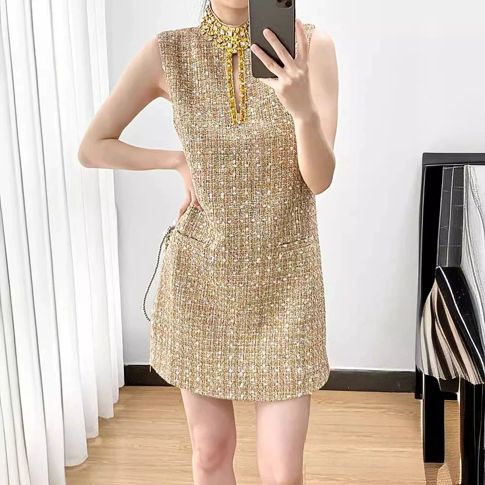 

Vietnamese niche 2025 autumn tweed dress small dress skirt design heavy beading light luxury women's clothing-GZXX712