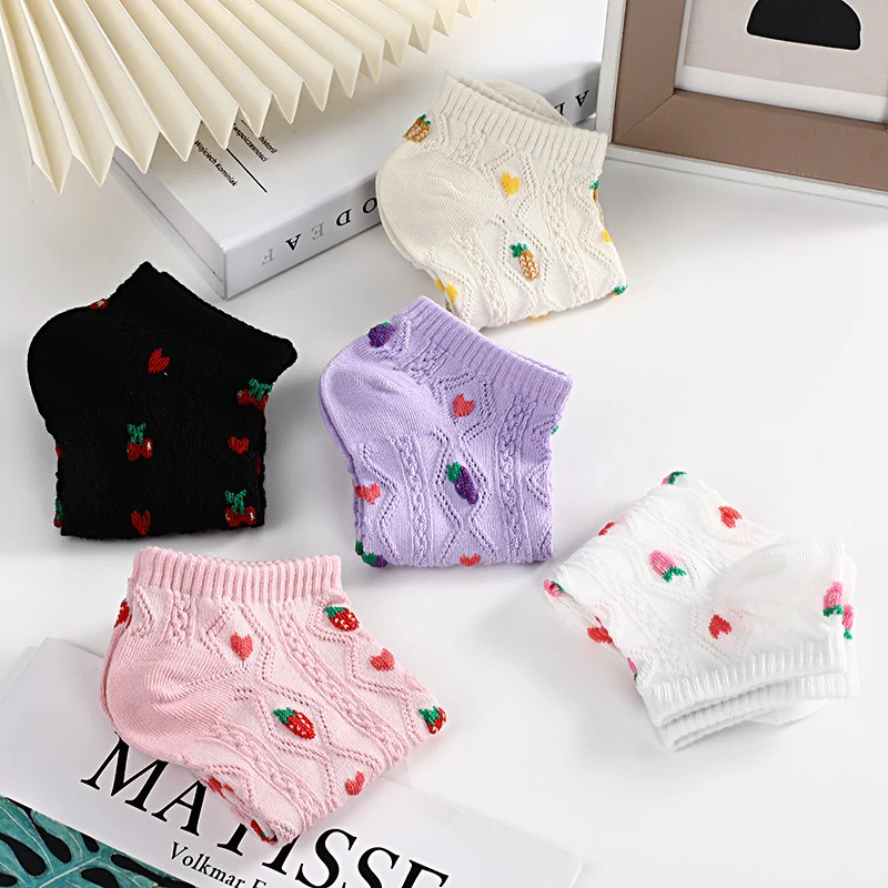 5 Pairs Women Socks Spring Summer Fruit Pattern Breathable Cotton Ankle Socks Lovely Girls Shallow Mouth Socks Short Tube Socks