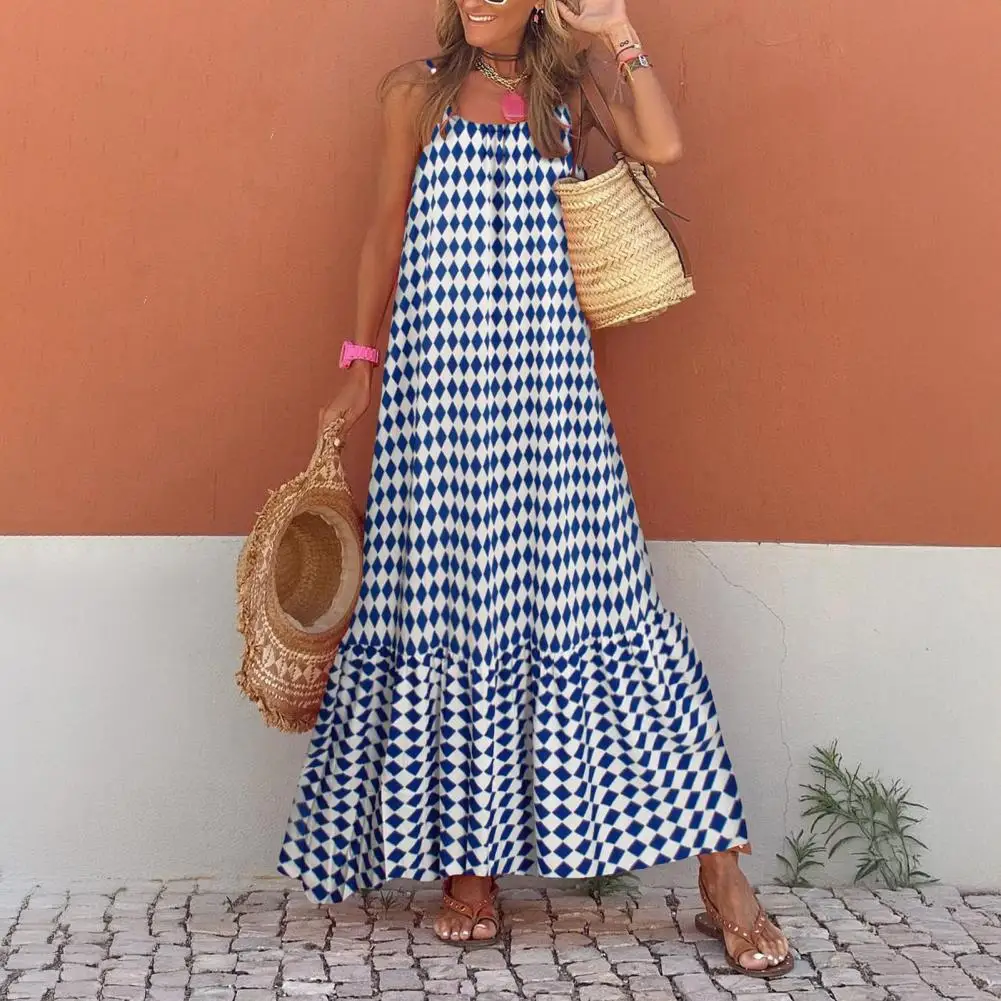 Abito lungo Boho senza maniche da donna Abito lungo estivo fluido senza schienale Abito estivo casual con volant da spiaggia