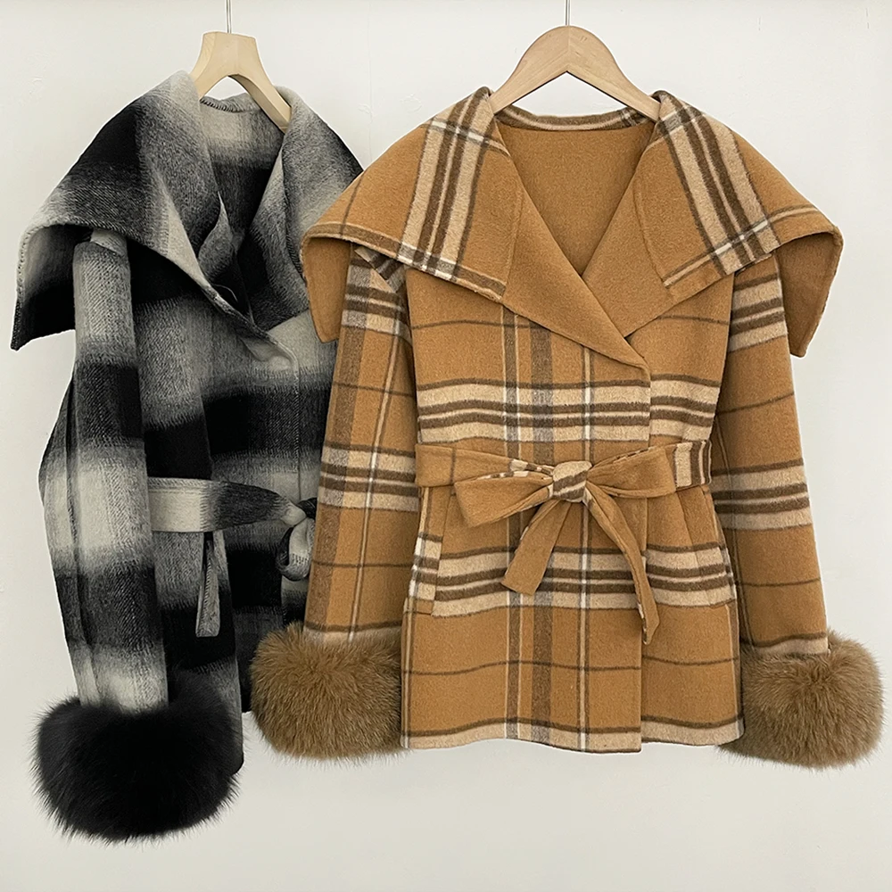 

Women's Jacket Woolen and Trench Coats Plaid Cape Natural Fur Coat Real Coat Fur New in Jackets & Jackets Female Clothing