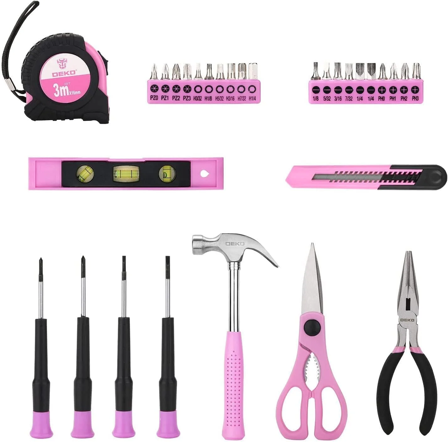 Deko malette outils rose 98 pièces avec visse use électrique sans fil 3,6 v, caisse a outil complete de ré paration maison.