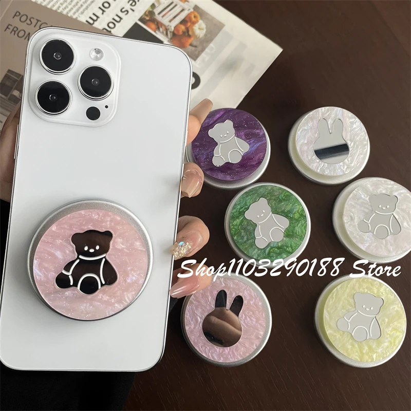 

INS Cute Cartoon Bear Mirror Magnetic Holder Grip Tok Griptok Phone Stand Holder Support For iPhone 17 For Pad Magsafe Smart Tok
