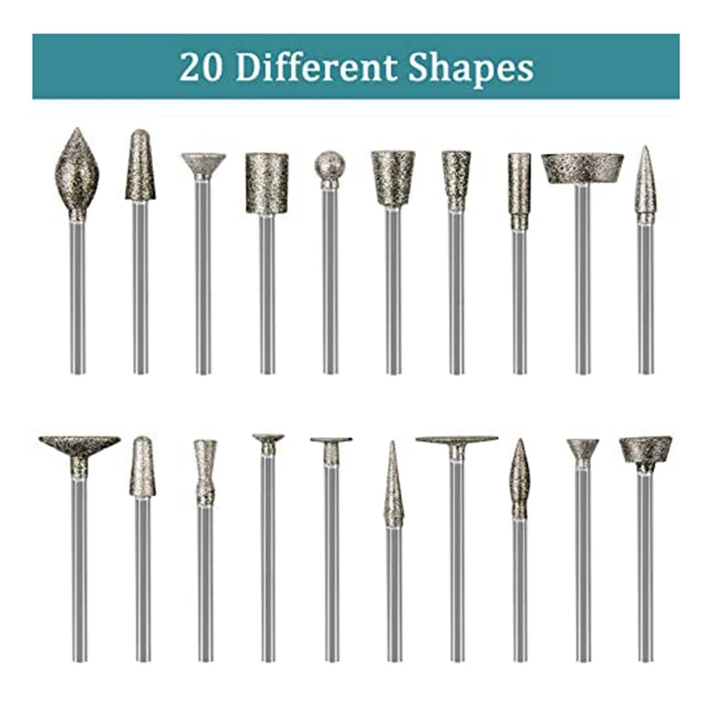 Stone Carving Set Diamond Burr Bits,20PCS Polishing Kits Rotary Tools Accessories with 1/8 Inch Shank for Carving