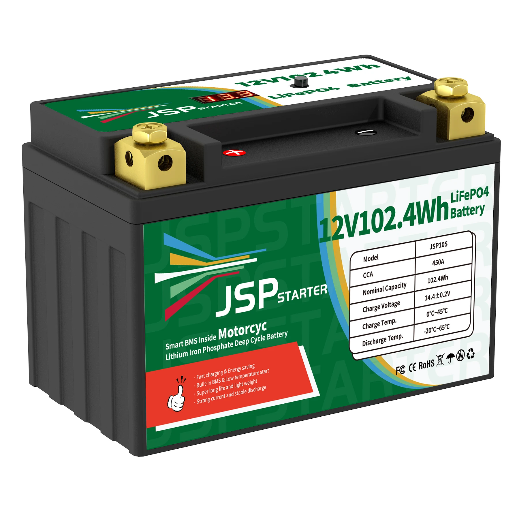 오토바이 시작 배터리, 리튬 다리미 인산염 스쿠터, LiFePO4 배터리, JSP10S, 12.8V, 102.4Wh, CCA450A, BMS, 12.8V, YT10S-BS