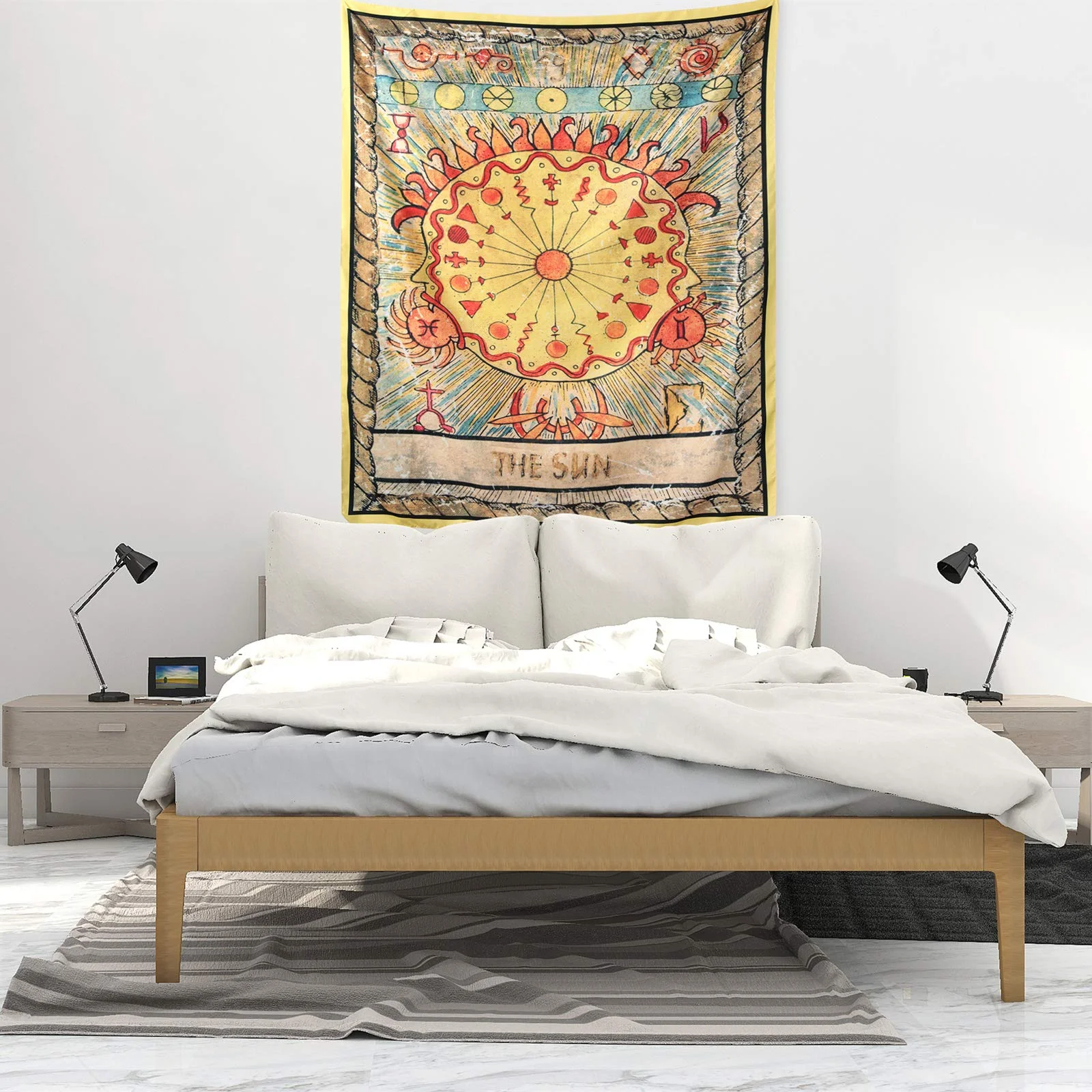 VIKAMA The Sun Tarot Card Tapestry, Vintage Mystical Art Wall Hanging, Soft Polyester Tapestry for Bedroom Meditation Room Decor