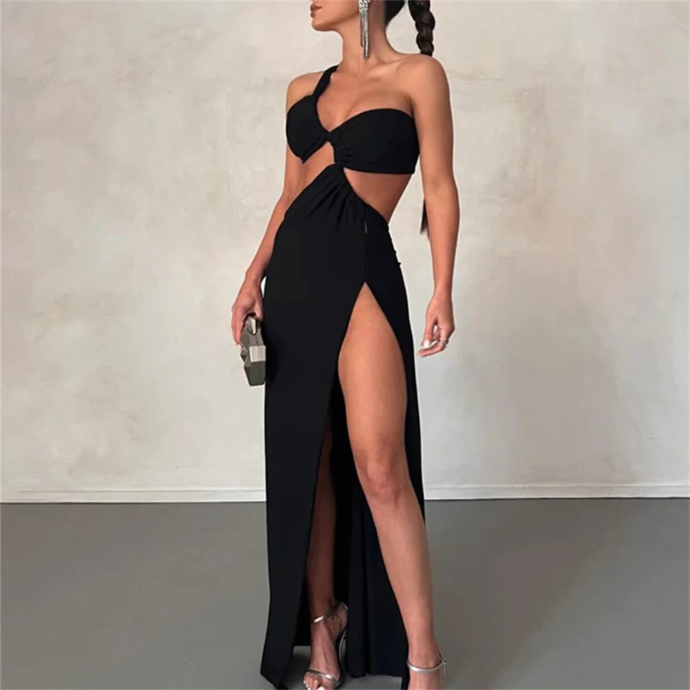 2024 summer fashion new women's personality trend single shoulder hollow bare fashion split dress evening dress