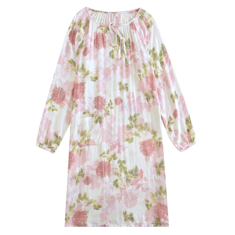 New Female Women Bamboo Fiber Tether Long Dress Nightgown Comfort Long Sleeve Peony Loungewear Nightdress Loose Home Clothes