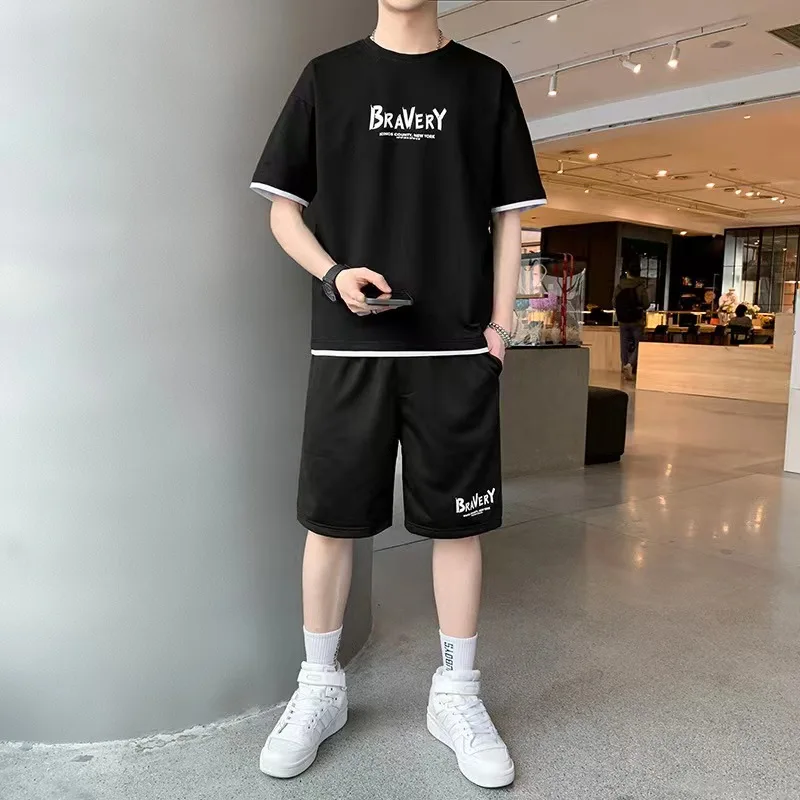 Men Summer Sports Tracksuit Casual Loose T-shirts And Short Sweatpants Two-Piece Sets Male Teenagers Campus Clothes