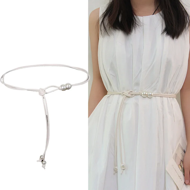 

Элегантный жемчужный пояс-шнурок для женского летнего платья, белый кожаный ремень-аксессуар для юбки, повседневный молодежный модный стиль