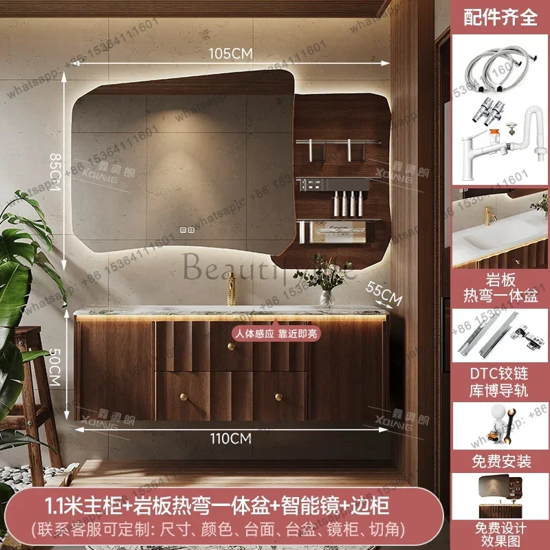 

Medieval oak bathroom cabinet combination light luxury walnut washstand basin cabinet