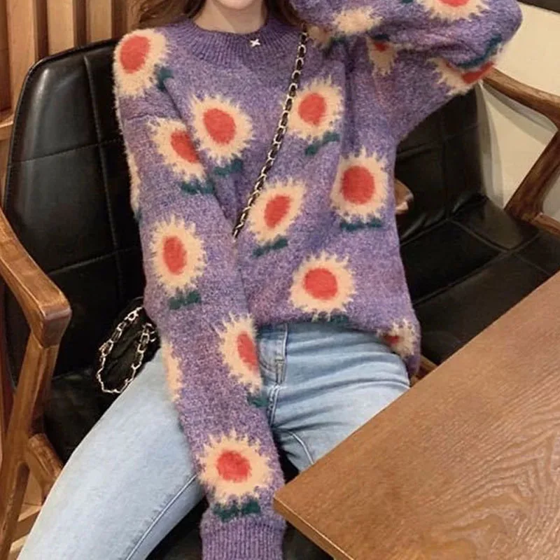 Women\'s Clothing Round Neck Casual Vintage Floral Sweaters Autumn Winter Fashion Loose Long Sleeve Knitted Pullovers for Female