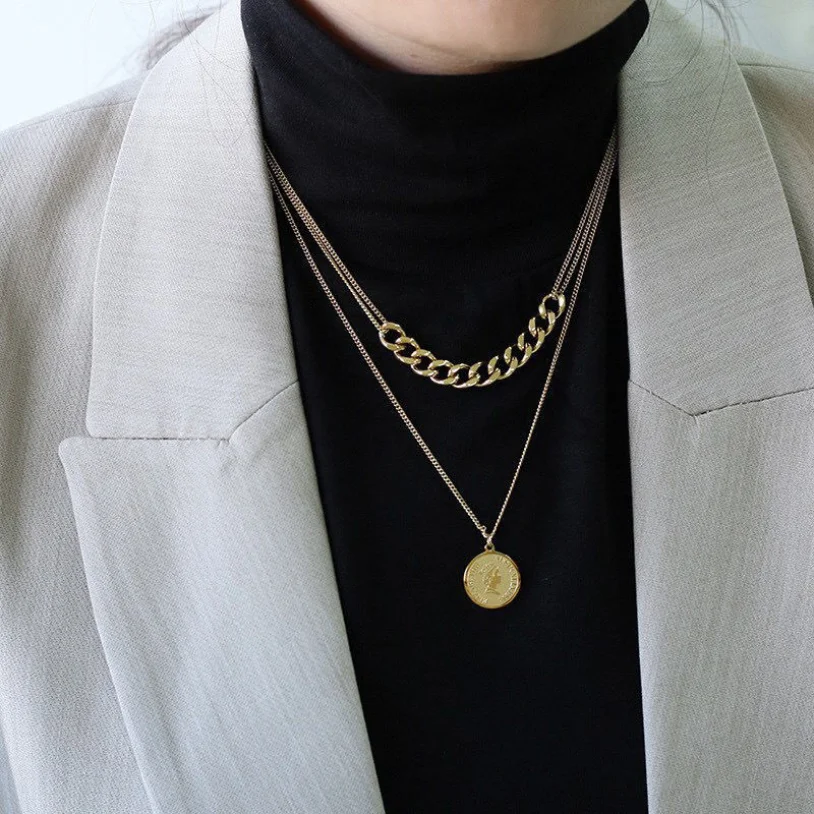 316L Stainless Steel New Fashion Fine Jewelry 2 Layer Vintage Queen Coin Charms Thick Chain Choker Necklaces Pendants For Women
