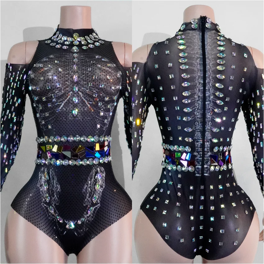 

Sparkly Rhinestones Leotard Sexy Party Musical Girl Bodvsuit Nightclub Gogo Dance Outfit Singer Show Stage Drag Queen Clothing