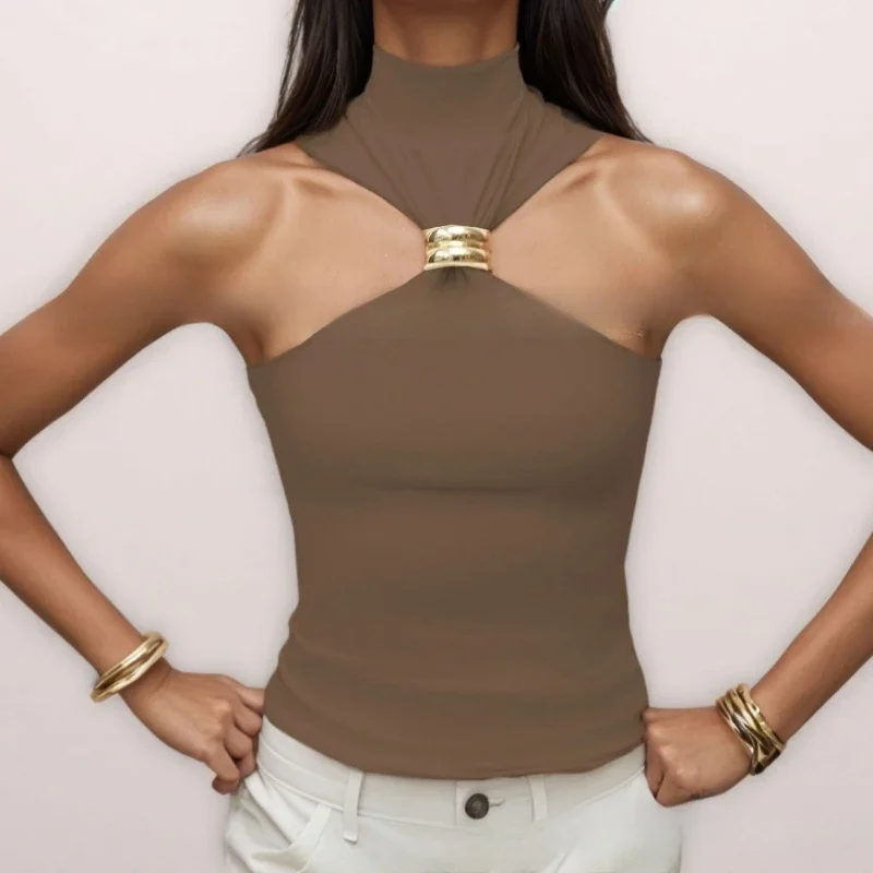 

2026 Spring/Summer Hot Women's Gold Ring Decorative High Neck Sleeveless Off Shoulder Elastic Top