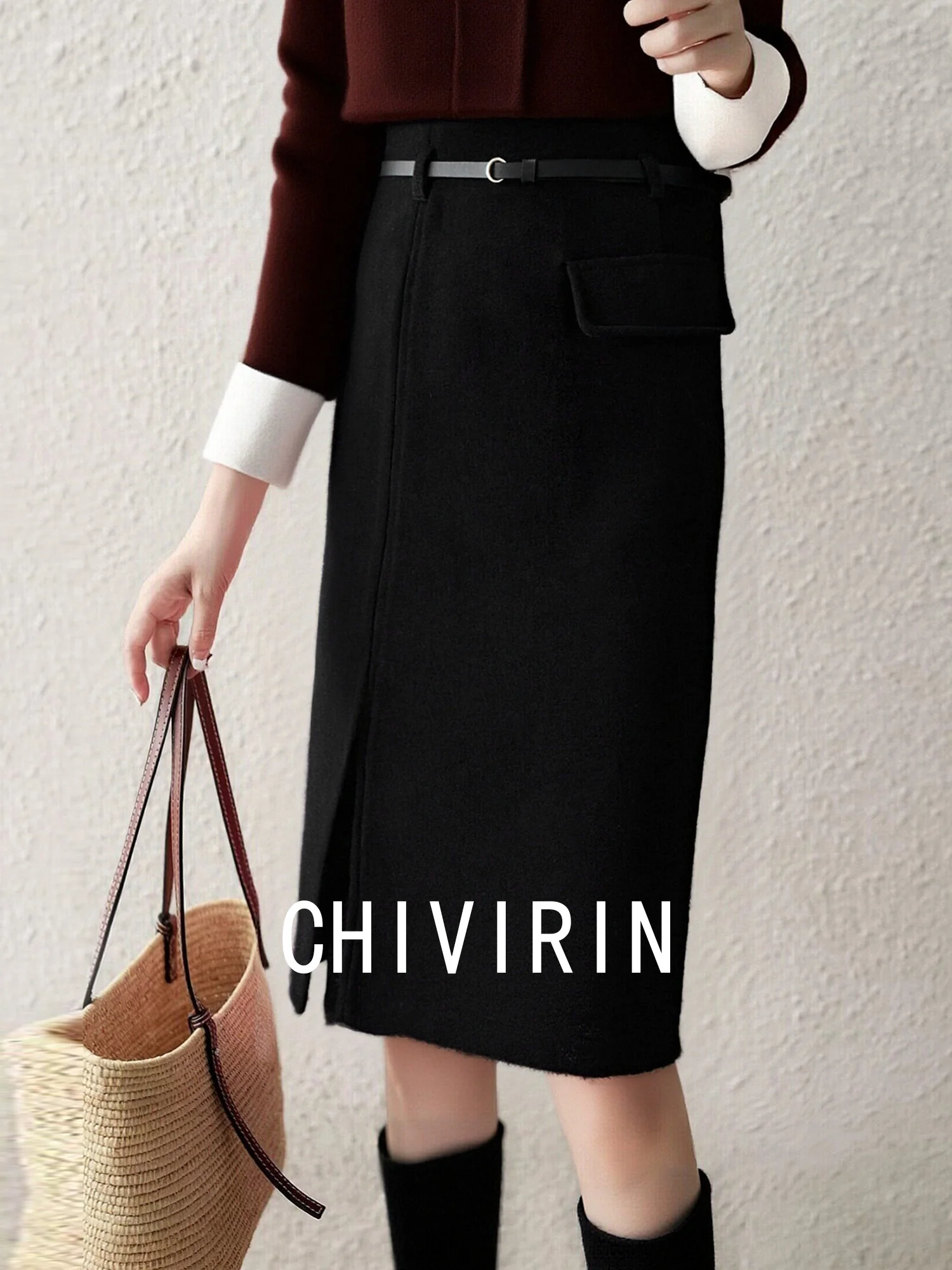 

Ele High Waist Woolen Skirt Bla Asymmetrical Slit Women's Warm Fitted Skirt Chivirin Premium Quali Autumn Winter