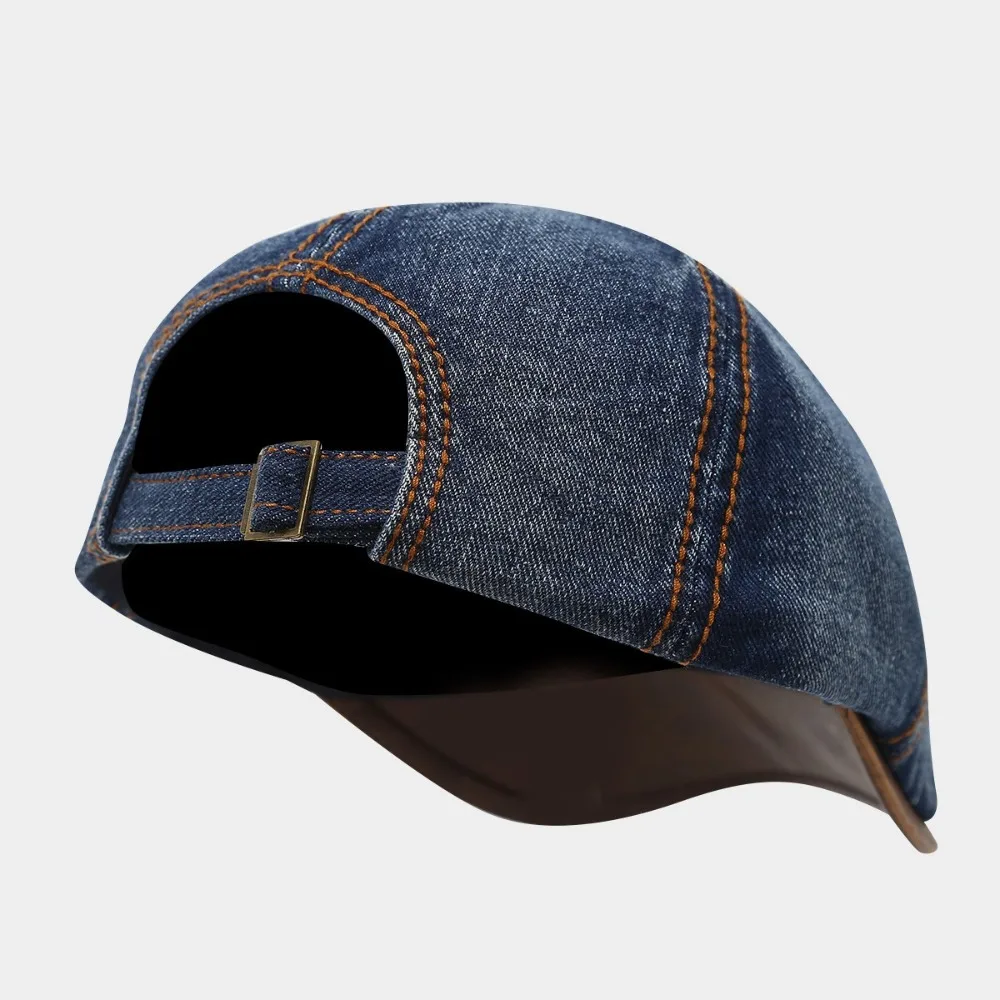

Casual Washed Denim Beret Hat Vintage Short Brim Peaked Cap Adjustable Flat Cap Unisex