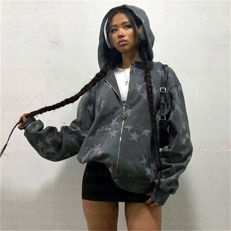 Y2K Hoodies Women Harajuku Star Print Loose Sweatshirt Trousers Hip Hop Punk Long Sleeve Pocket Men Tops Sweatpant Streetwear