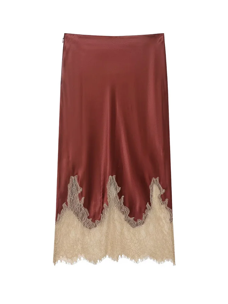 HH أزياء المرأة عالية الخصر الدانتيل الديكور تنورة طويلة الساتان الملمس تنورة المرأة الجانب سستة فضفاضة الشارع نمط ميدي تنورة