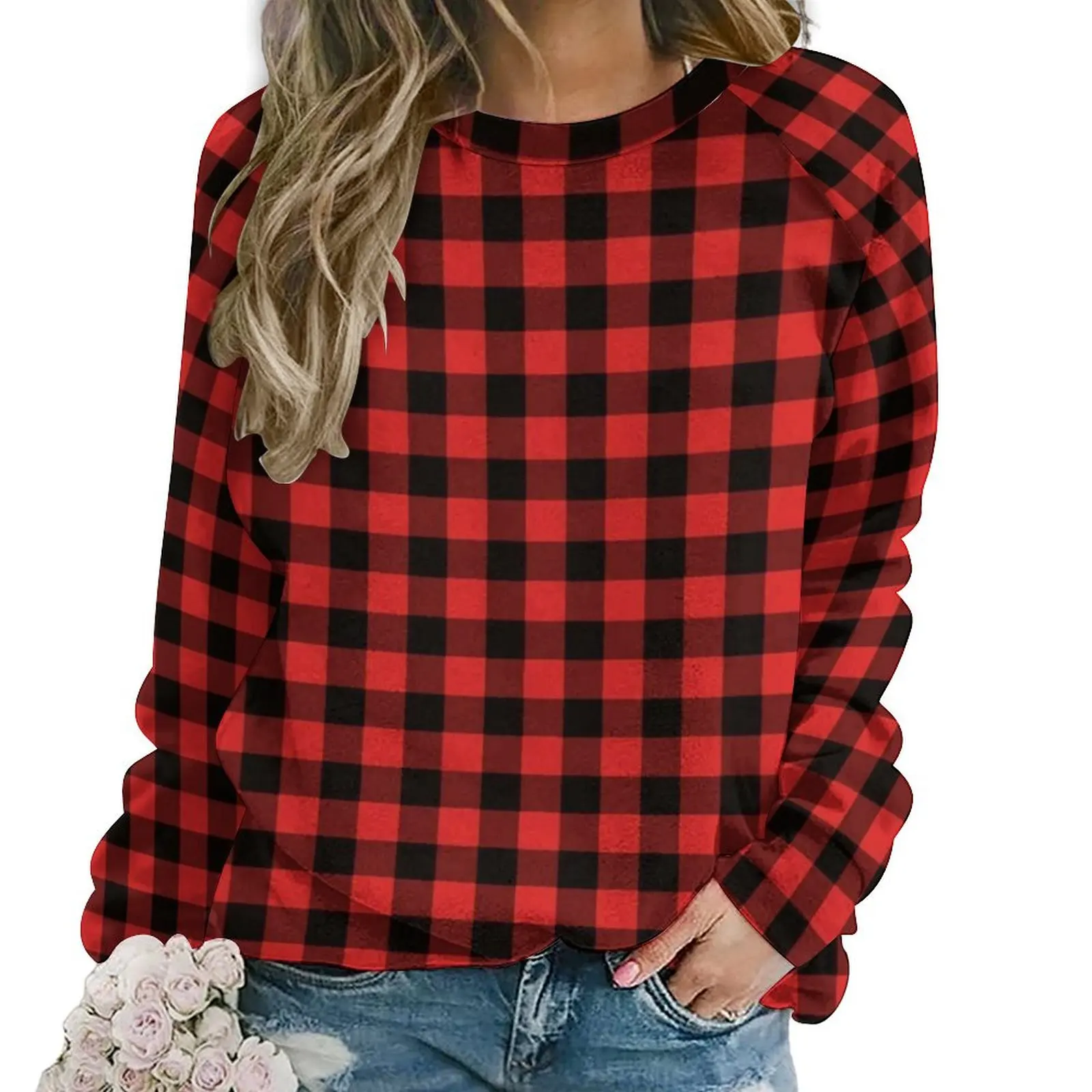 Red And Black Plaid Hoodies Checkerboard Harajuku Oversize Hoodie Female Long-Sleeve Kawaii Printed Casual Sweatshirts