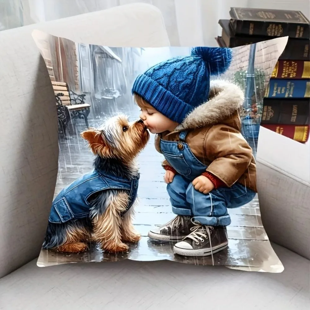 

Rainy Scene Of Children And Dogs Intimate, Printed Decorative Pillowcase, Daily Home Decoration Pillowcase