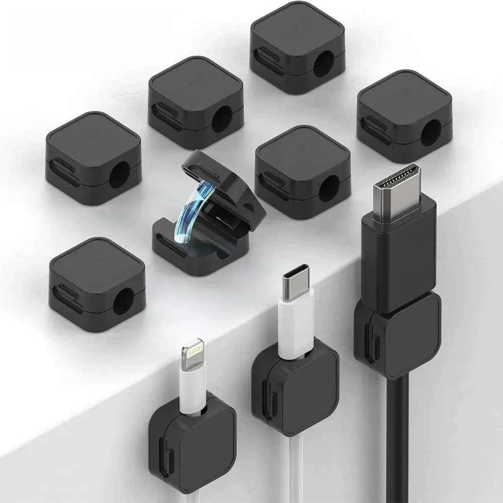 Cable clamp-type adjustable wiring harness fixator. Suitable for home offices and sticky desktop management storage units.