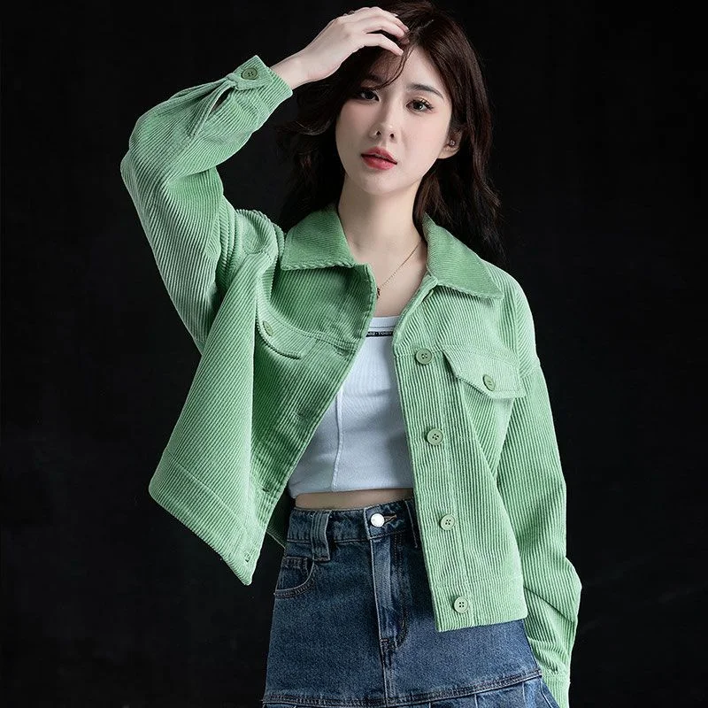 Spring and Autumn Seasons New Style Versatile Corduroy Shirt Women's Design Feeling Small and Unique Short Coat Women's Top