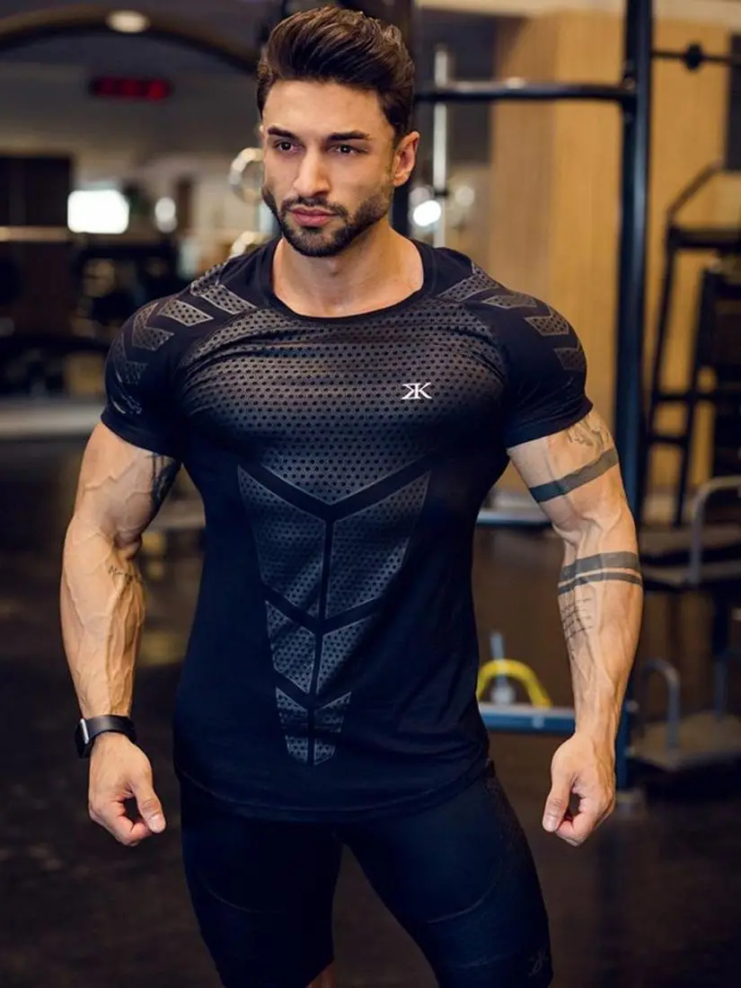 

2024 Compression Quick Dry T-shirt Men Running Sport Short Seleve Skinny Tee Shirt Male Gym Fitness Workout Black Tops Clothing