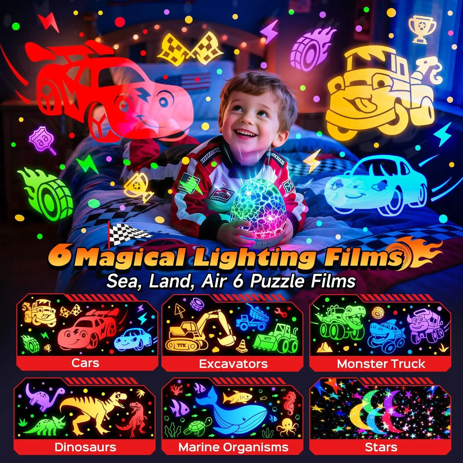 Projetor de luz noturna de ovo de dinossauro com 6 filmes, 15 sons, controle remoto para meninos de 3 a 8 anos