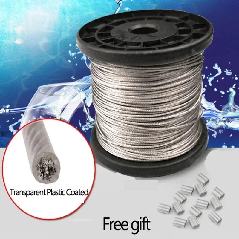 Diameter 0.8mm-8mm Length 2-100m Clothesline,PVC Transparent Plastic Coated No Burr 304 Stainless Steel Wire Rope Cable