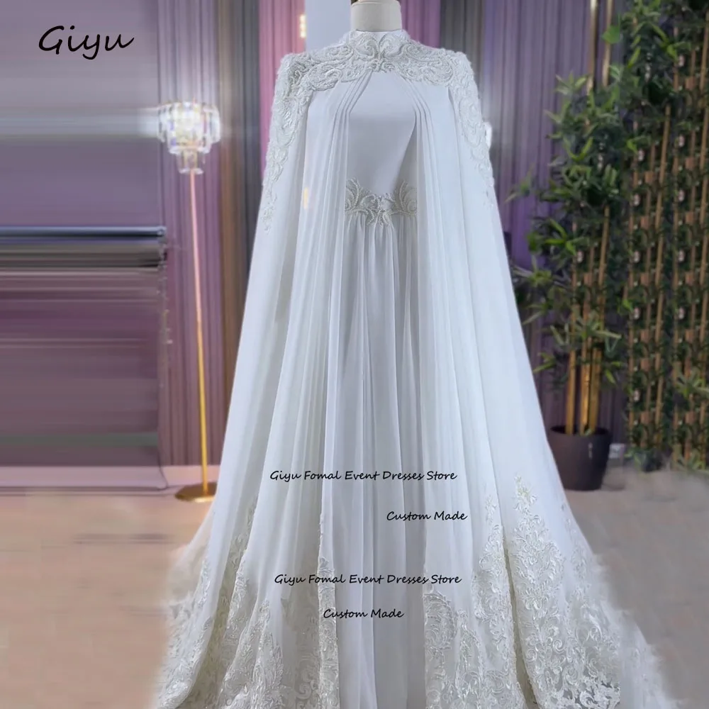 Giyu Fairy Lace Followers Wedding Dress For Woman A-line Pearls With Shawl Floor-length Evening Gown Dress Vestidos De Noche