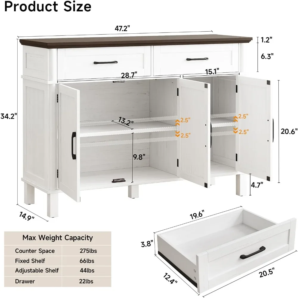 48 Inches Buffet Cabinet with Storage, Farmhouse Sideboard Buffet w/2 Drawers and 3 Doors, Wood Coffee Bar Cabinet with Adjustab