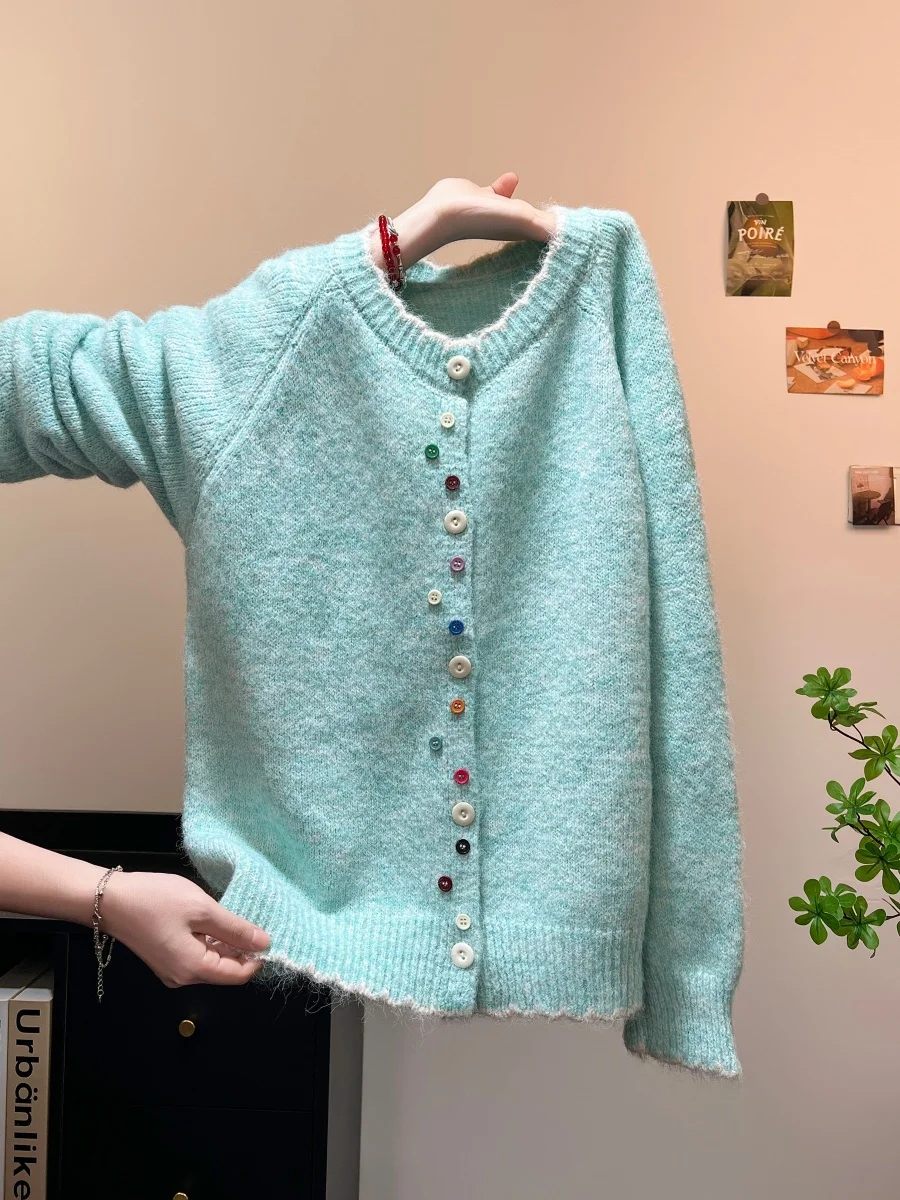 韓国カラーブロックカーディガン女性ボタンセータージャケットソフトルーズ秋トップ