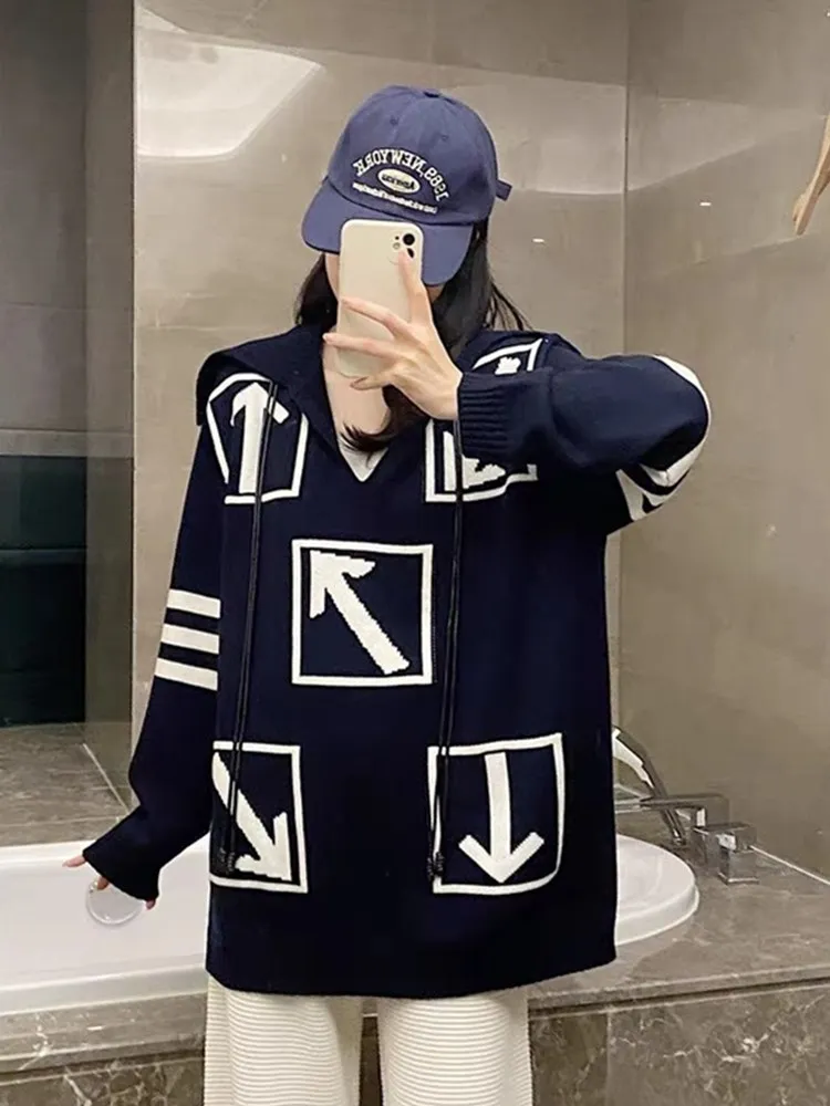 

Ele Knitted Sweater Arrow Casual Loose Navy Collar Overhead Autumn Winter Faionable Slimming Comfortable Warmth Heating