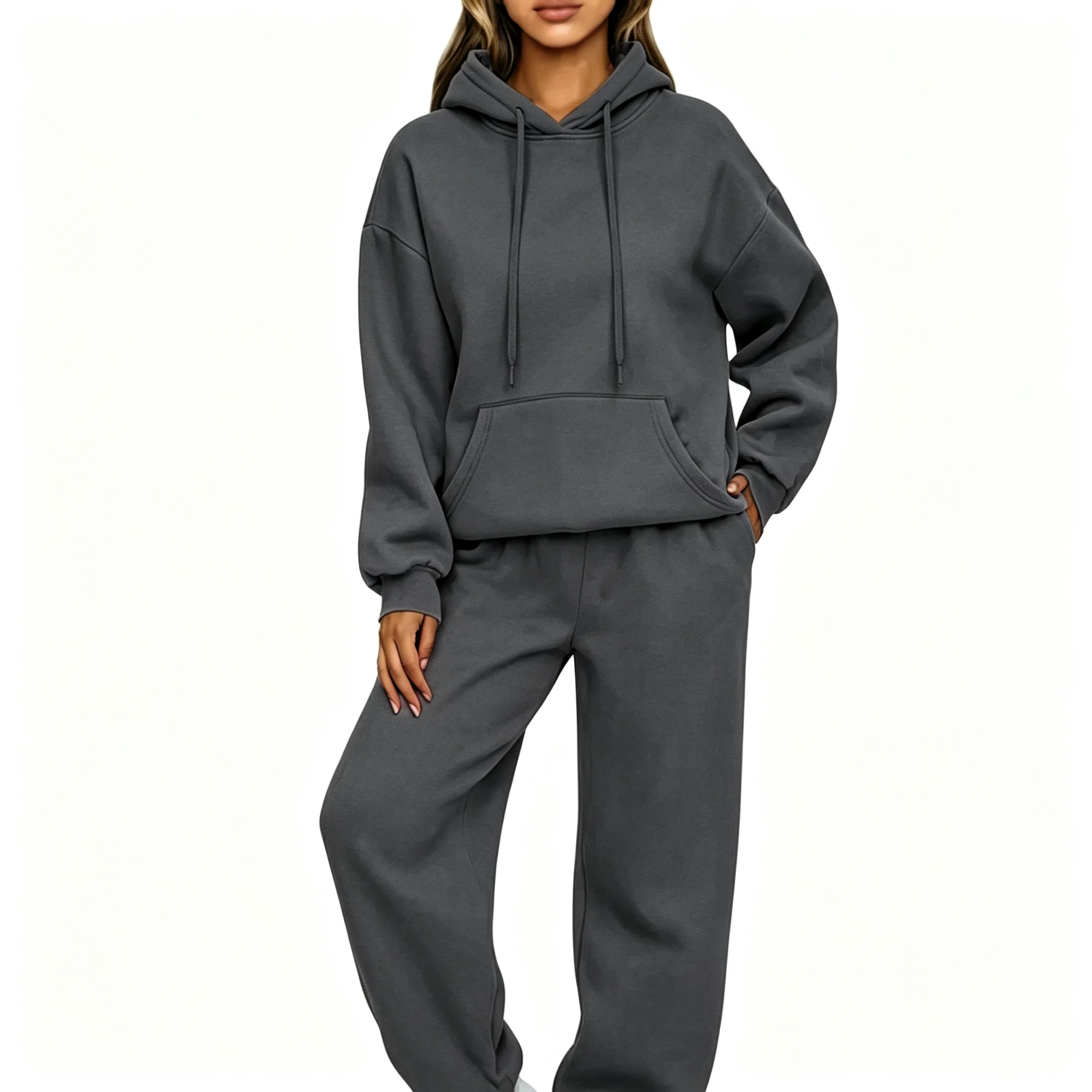 Woman' Hoodie Set Winter Solid Color Two Pices Sets Long-Length Street Clothes Casual Sports Sweatpant Hoody Unisex Fashion Suit