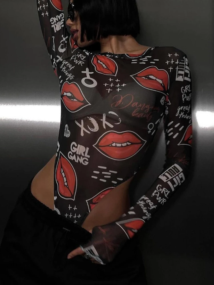 ملابس داخلية نسائية مثيرة ملابس ضيقة شفافة بأكمام طويلة بدلة قفز عصرية مطبوعة على الطراز القوطي ملابس خروج #1