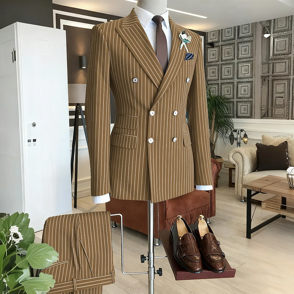 

Коричневые полосатые мужские костюмы, двубортные деловые наряды, мужская одежда из двух предметов, деловая повседневная куртка для выпускного вечера, брюки
