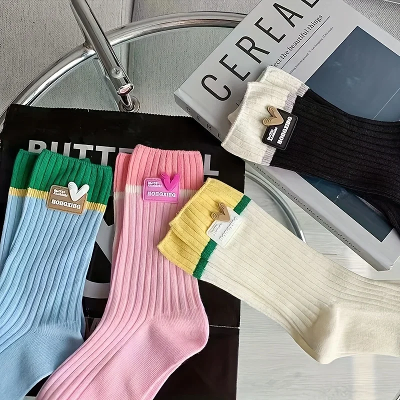 

4-Pairs Dopamine Mid-Crew Socks - Summer Color Block Design, Korean Fashion Style, Breathable & Cute