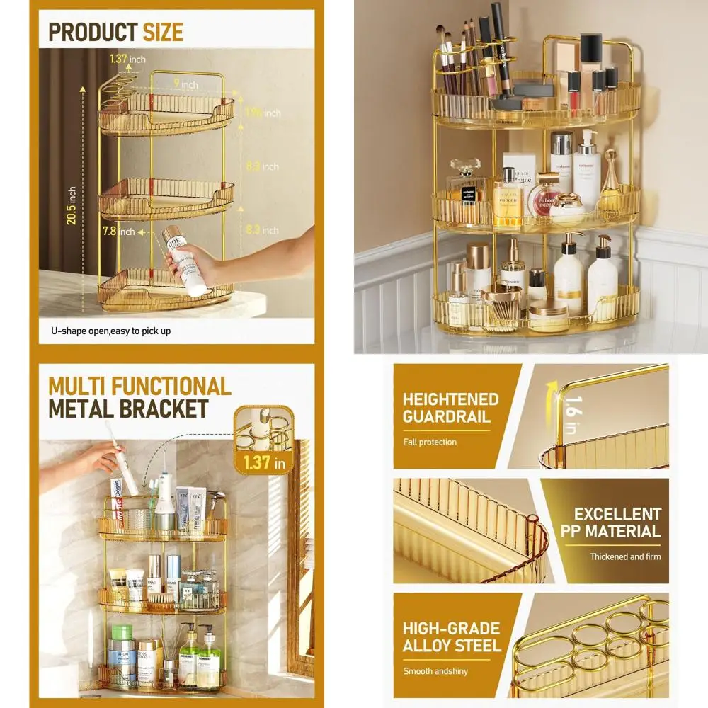 

3-х уровневый акриловый угловой органайзер для туалетного столика — установка без инструментов для ванной комнаты, комода, кухни (золото)