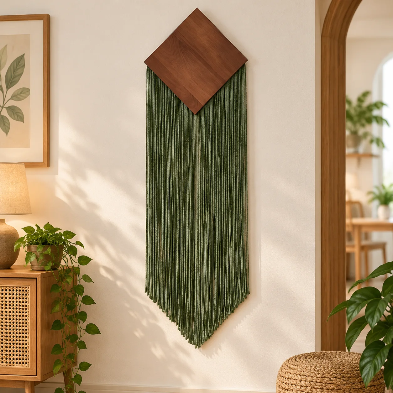 Macrame Wall Hanging Cotton Rope Tapestry Boho Diamond Wood Board Tassel Pendant Hotel Room Home Wall Decor