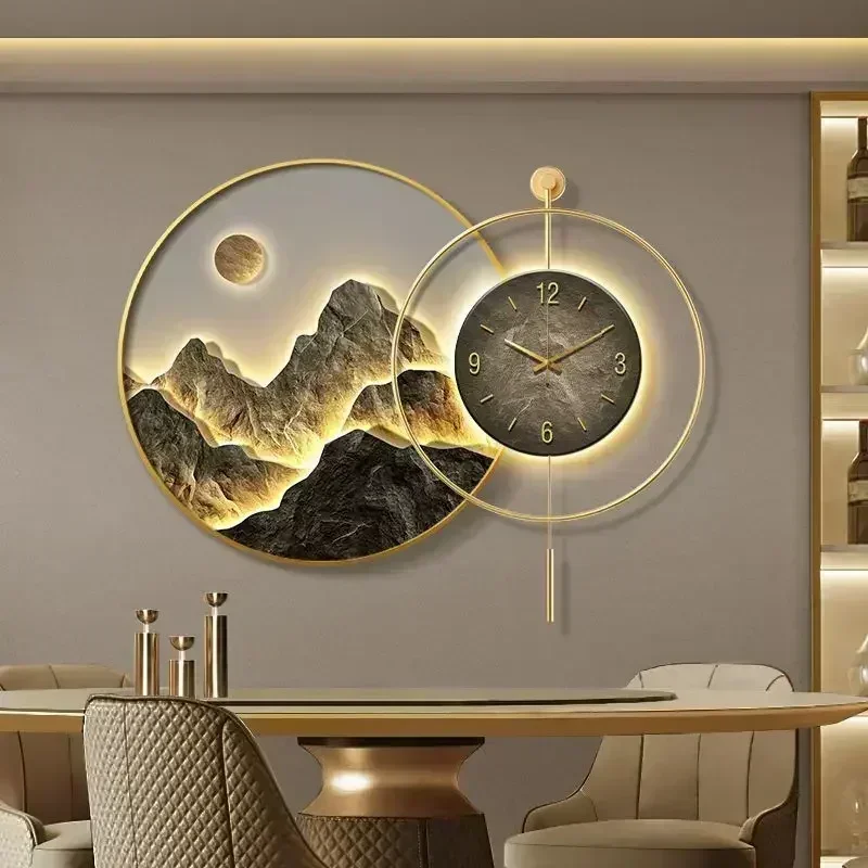 Living Room Landscape With Clock Back Hanging Decorative Painting Painting High-end Light Luxury Mural Clocks Wall Home Decor