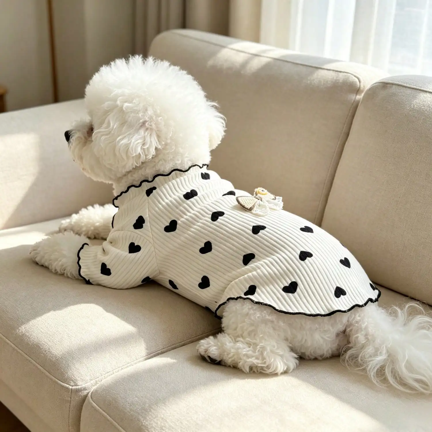 1 Stück geripptes Oberteil mit Herzmuster für kleine Hunde mit Spitzenschleife, lässiges Haustier-Shirt – Detail 5