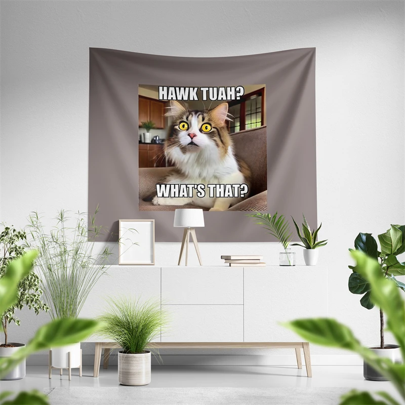 Aertemisi Wawk Tuah Cat Meme What's That Tapestry Wall Hanging Art for Bedroom Living Room Decor College Dorm Party Backdrop