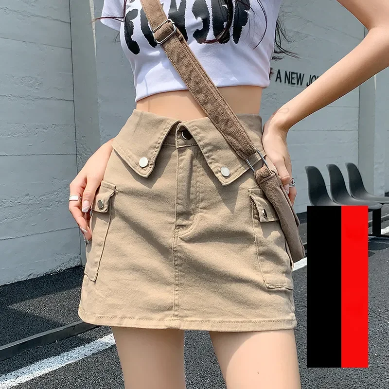 Fashionable Flap Pocket Button Skirts Female Clothing American High Waist Spring Summer New Solid Color Denim Cargo Mini Skirts