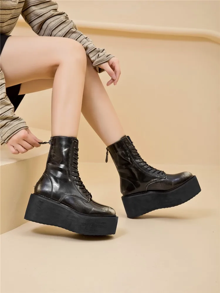 Damen-Stiefeletten und -Boots mit rutschfester, dicker Sohle für Herbst und Winter, Retro-Stiefel mit Erhöhung, Motorradstiefel für Damen – Detail 10