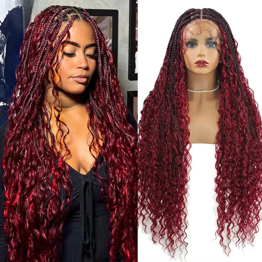

Ombre 99J Burgundy Full Lace Boho BraidedWig With Invisi Drawstring Knotless Box Braids Wig For Women